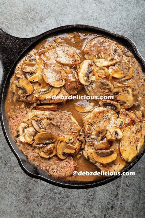 Smothered Pork Chops With Mushroom Gravy, Pork Chops in Onion Gravy Pork Chops With Onion Gravy, Gravy Pork Chops, Easy Smothered Pork Chops, Mushroom Gravy Pork Chops, Pork Chops With Mushroom Gravy, Smothered Pork Chops Recipe, Mushroom Gravy Recipe, Mushroom Pork Chops, Pork Entrees