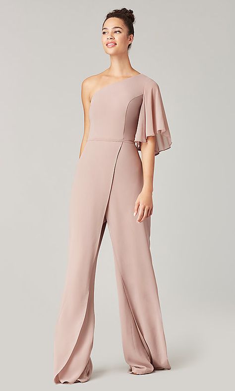 Long Chiffon One-Shoulder Jumpsuit for Bridesmaids Jumpsuit For Prom, Jumpsuit Outfit Wedding, Bridesmaid Jumpsuit, Wedding Pantsuit, Bridesmaids Jumpsuits, Chiffon Jumpsuit, One Shoulder Bridesmaid, Simply Dresses, Boho Jumpsuit