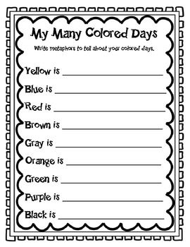 My Many Colored Days Metaphors Metaphor Activities, My Many Colored Days, Dr Seuss Activities, Dr Seuss Week, Similes And Metaphors, Social Skills Groups, 1st Grade Writing, Manic Monday, Poetry Ideas