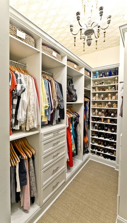 Organized Living - closets-wall to wall sisal Closet Chandelier, Garderobe Design, Best Closet Organization, Closet Shelving, Organized Closet, Walking Closet, Walk In Closet Design, Closet Layout, Shelving Design