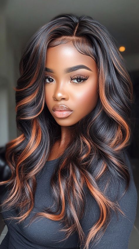 Fall Hair Colors Copper Highlights Fall Hairstyles For Women, Black Ombre Hair, Fall Hair Colors Copper, Highlights On Black Hair, Exotic Hair Color, Exotic Hair, Black Hair Ombre, Highlight Ideas, Copper Highlights