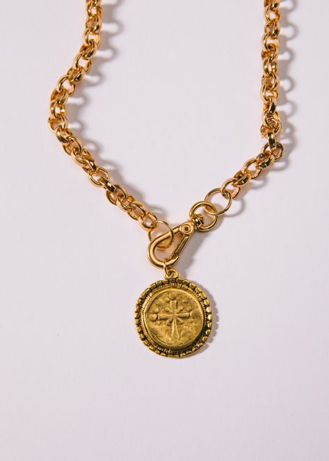 16" gold-filled chain and brass cross medallion pendant. **To keep your antique gold/brass items in great condition, it's best to take them off before swimming or showering. Luxury Brass Medallion Necklace, Gold-tone Medallion Brass Chain Necklace, Elegant Brass Coin Necklace, Tarnish Resistant, Luxury Tarnish-resistant Brass Necklace, Vintage Brass Tarnish-resistant Chain Necklace, Gold Filled Chain, Antique Gold, Gold Filled, Gold Necklace