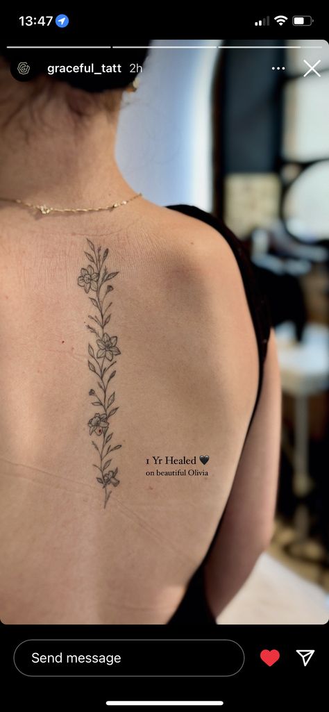 Hydrangea Spine Tattoo, Upper Back Spine Tattoo, Dainty Floral Spine Tattoo, Upper Spine Tattoos For Women, Lower Spine Tattoos For Women, Fine Line Spine Tattoos For Women, Tiny Spine Tattoo, Small Spine Tattoos For Women, Upper Spine Tattoo