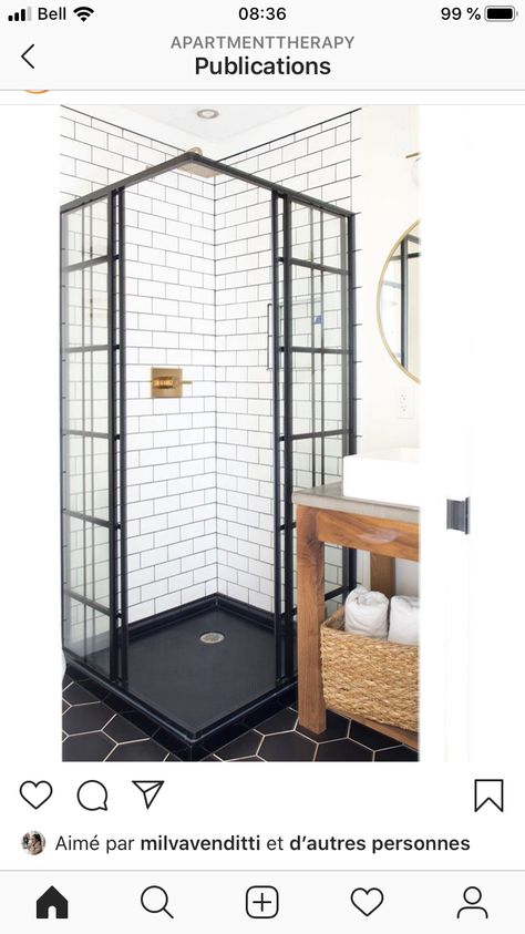 Bathroom Remodel With Small Shower Stall, Tiny Bathroom Shower Stall, Tiny Bathroom With Corner Shower Ideas, Black Shower Base Bathroom, Shower Floor Base, Bathroom Off Dining Room, Small Shower Doors Ideas, Corner Shower Doors Small Spaces, Corner Shower Renovation