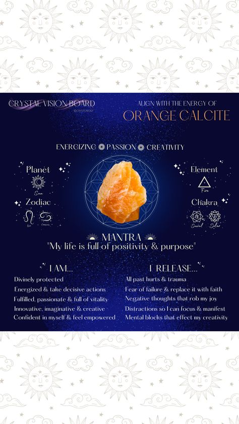 Orange Calcite Crystal Meaning, Orange Crystals, Orange Calcite, Reiki Master, Vision Boards, Calcite Crystal, Crystal Meanings, Meditation Practices, Healing Energy