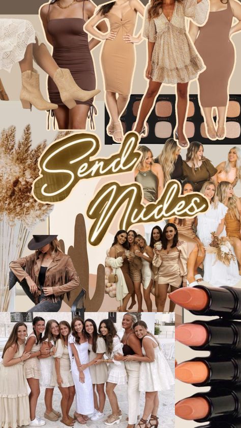 #sendnudestheme #bachelorette #moodboard #bachelorettetheme #nudebachelorette #neutraltones Bachelorette Night Out Outfit Themes, Bachelorette Outfit Themes, Bachelorette Matching, 21st Birthday Themes, Bachelorette Party Planner, Hen Do Outfits, Gold Bachelorette Party, Nude Outfits, Vegas Bachelorette