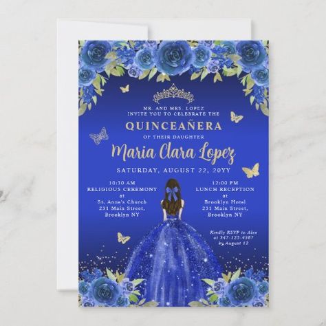 $2.80 | Royal Blue Floral Butterfly Princess Quinceanera #quinceañera, mis quince quinceanera, 15th birthday xv anos, miss quince mexican, royal blue, floral botanical greenery watercolor, gold glitter sparkle glam, royal princess butterfly, tiara crown gown dress quinceanera, feminine girly modern elegant stylish Blue Princess Gown, Disney Princess Background, Disney Princess Invitations, Royal Blue Quinceanera, Crown Dress, Butterfly Princess, Quinceanera Tiaras, Dress Butterfly, Dress Quinceanera