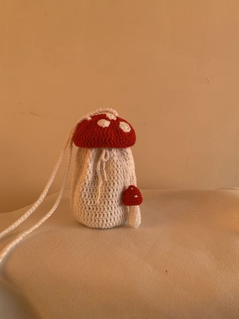 Crochet Mushroom Bag, Mushroom Bag, Drawstring Tote Bag, Crochet Drawstring Bag, Small Mushroom, Crochet Mushroom, Womens Crochet Patterns, Red Mushroom, Crochet T Shirts