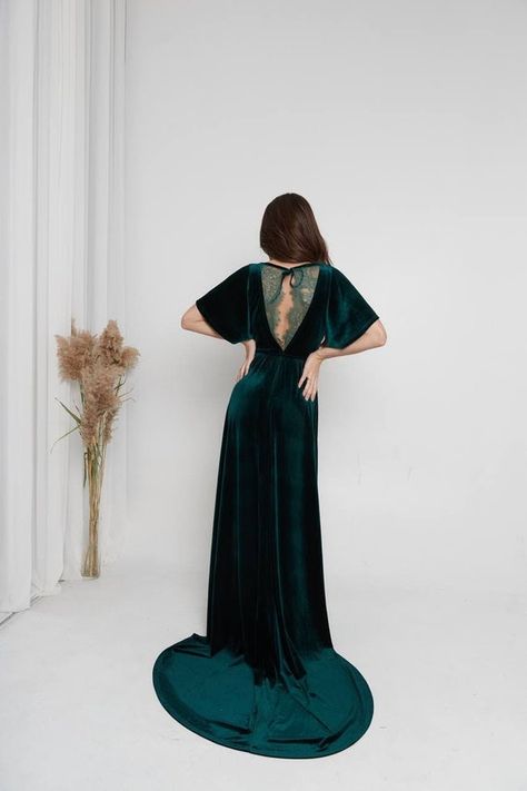 Dark Green Velvet Dress Maxi Train Dress Boho Bridesmaid Dress | Etsy Elegant Green Dress, Dark Green Gown, Elegant Green Dresses, Dark Green Velvet Dress, Lace Insertion, Velvet Dress Maxi, Bridesmaid Dresses Boho, Dark Green Velvet, Fall Bridesmaid Dresses