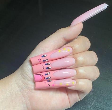 Princess Peach Acrylic Nails, Cute Kirby Nails, Kawaii Anime Nails, Easy Cartoon Nails, Kirby Nails Acrylic, Pink Cartoon Nails, Kawaii Nails Long, Bratz Nails Design, Kirby Nail Art