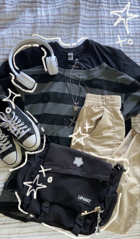 Bag Cargo Pants Outfit, Cool Fits Summer, Outfit With Flannel Shirt, Aesthetic Clothes For Boys, Ptv Shirt, Grunge Headphones, Downtown Streetwear, Amazon Cargo Pants, Star Cargo Pants