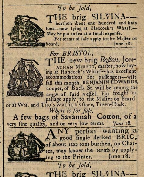 This is a fictionalized but historically accurate newspaper advertisement, common in the 18th century. Created to tell the story of Benjamin Edwards' sailing as a cooper on the Bristol, the fonts and images are correct for the period. Notice the "print-through" of the type from the reverse side, typical for newspapers of that period. 18th Century Letters, Medieval Newspaper, Nautical Aesthetic, Newspaper Advertisement, Japanese Packaging, Elephant Rock, Historical Newspaper, Ship Of The Line, History Timeline