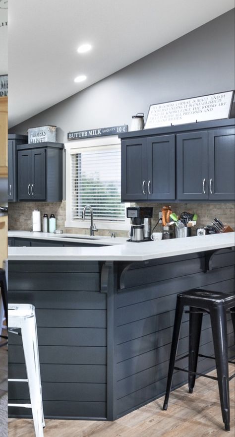 Shiplap And Butcher Block Bar, Bar At End Of Kitchen Counter, Kitchen Islands With Shiplap, Shiplap Breakfast Bar, Bar Kick Wall Ideas, Black Shiplap Bar Wall, Shiplap On Kitchen Island, Kitchen Island Shiplap Ideas, Under Island Wall Ideas