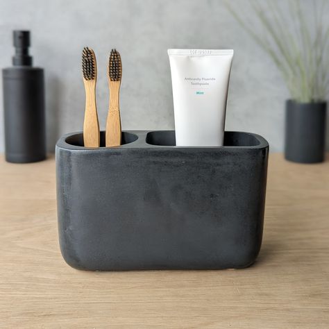 Concrete Toothbrush Holder - Etsy Concrete Containers, Electric Toothbrush Holder, Concrete Bathroom, Handmade Concrete, Storage Caddy, Concrete Kitchen, Kitchen Utensil Holder, Utensil Crock, Concrete Molds