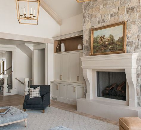 Family Room With Stone Fireplace, Stone Fireplace Floor To Ceiling With Built Ins, Fireplace With Shelving On One Side, Tall Ceiling Fireplace Ideas, Half Stone Fireplace With Mantle, Fireplace With Built Ins On One Side, Mantel Update, 2 Story Fireplace, Living Room With Stone Fireplace