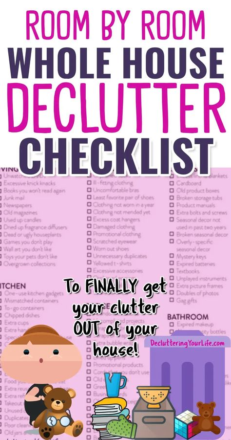 Whole House Declutter Checklist To Minimalize Your Home Room By Room And Get Seriously Organized from Decluttering your Life Whole House Declutter, Room By Room Checklist, House Declutter, Declutter Help, Get Seriously Organized, Decluttering List, Seriously Organized, Kitchen Organizing Ideas, Shoe Wall Art