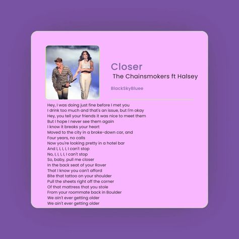 Closer >: Chainsmokers || ft Halsey . . . . . . . #blackskybluee #closer #chainsmokers #halsey #chainsmokershalsey #closerchainsmokers #closerhalsey #englishsongs #englishsonglyrics #englishlyrics #englishsonglyrical #lyricalsongs #lyrics #chainsmokersconcert #chainsmokerscloser #halseysongs #chainsmokerssongs #instagood #facebook #viral #newpost Closer Chainsmokers, Closer Song, The Chainsmokers, Chainsmokers, Hotel Bar, I Am Done, I Meet You, Halsey, Beautiful Songs