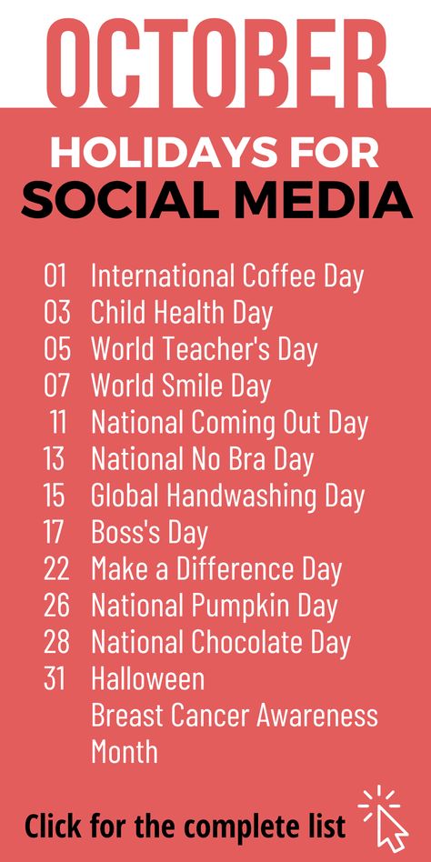 Wondering what to post on social media this fall? This list of holidays in October will give you tons of content ideas. #socialmedia #angiegensler October Social Media Posts, Fall Social Media Engagement Posts, Social Media Holidays, Interaction Post, Manifest 2024, Global Handwashing Day, Apartment Marketing, October Holidays, Pin Templates