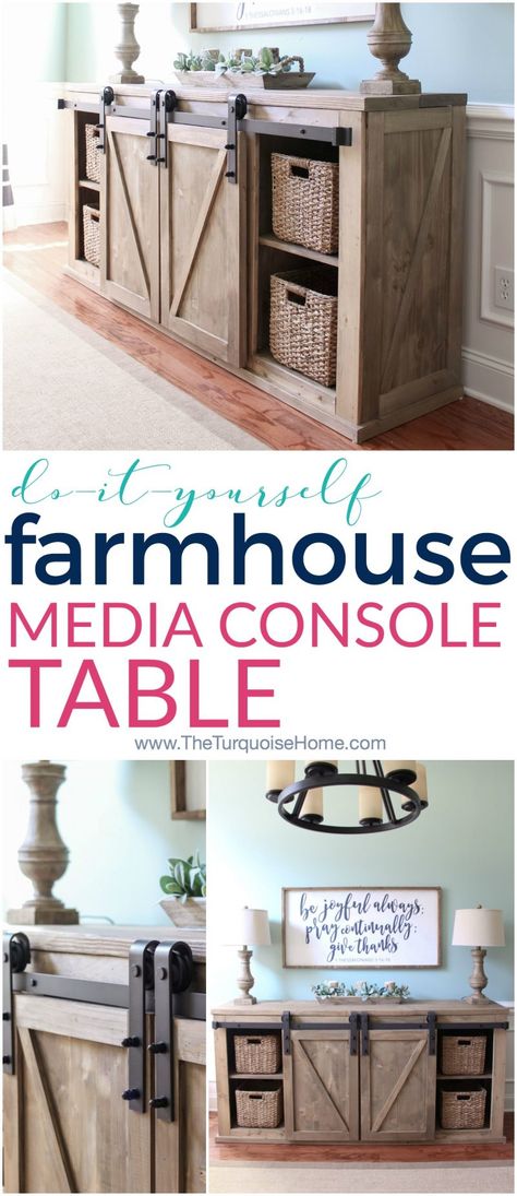 Farmhouse Media Console, Diy Console Table, Media Console Table, Farmhouse Side Table, Cute Dorm Rooms, Diy Farmhouse Decor, Farmhouse Furniture, Diy Farmhouse, Old Barn