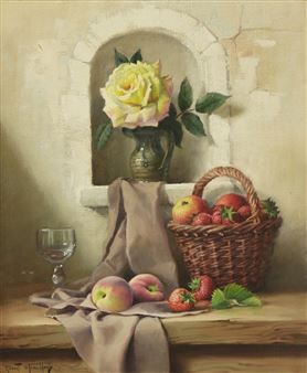 A BASKET OF FRUIT AND A ROSE IN A JUG Grape Oil, Basket Of Fruit, Still Life With Apples, Nautical Painting, Value In Art, Still Life Oil Painting, Painting Still Life, Global Art, Fruit Basket