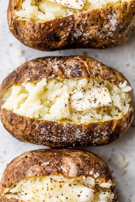 Cottage Baked Potatoes Recipe, Baked Potato With Crispy Skin, Fast Baked Potato, Baked Potato Halves, Baked Potatoes In The Oven, Halved Baked Potatoes, Best Baked Potato, Perfect Baked Potato, Roasted Brussel