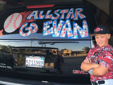 Softball Allstars Ideas, All Star Car Window Paint Ideas, Car Window Decorating Ideas, Baseball Window Painting Ideas, Softball Window Paint Ideas, Little League All Star Ideas, Softball Car Window Paint Ideas, Car Window Paint Ideas Sports, State Baseball Ideas