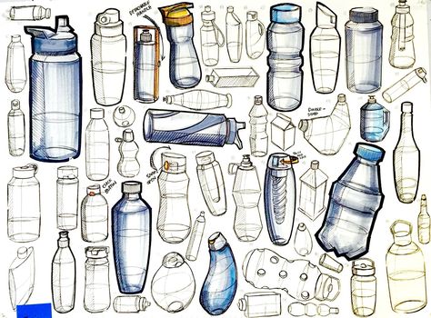 Bottle Sketch, Water Bottle Drawing, Water Sketch, Cap Drawing, Bottle Drawing, Tree Drawings Pencil, Bottle Design Packaging, Object Drawing, Industrial Design Sketch