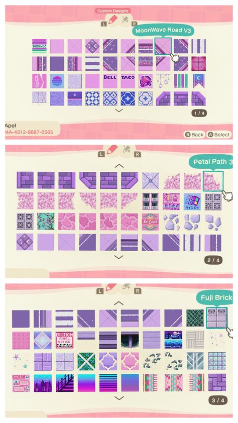 Acnh Design Id Codes Clothes Purple, Animal Crossing Island Inspiration Purple, Purple Acnh Codes, Acnh Purple Path Codes, Animal Crossing Design Codes Purple, Animal Crossing Purple Path, Purple Path Acnh, Purple Animal Crossing, Acnh Purple Design Codes