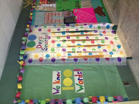 100th day door decoration! Table cloth from dollar store and posters are the students 100th day projects. 100 words chain of the words they learned in 100 days(done by students). Students loved walking through as I said, " you are 100 days smarter!" 100th Day Of School Door Decorations, 100 Days Of Preschool, Dr Seuss Classroom Door, Mickey Classroom, 100th Day Of School Crafts, 100s Day, Dr Seuss Classroom, Room Parent, Seuss Classroom