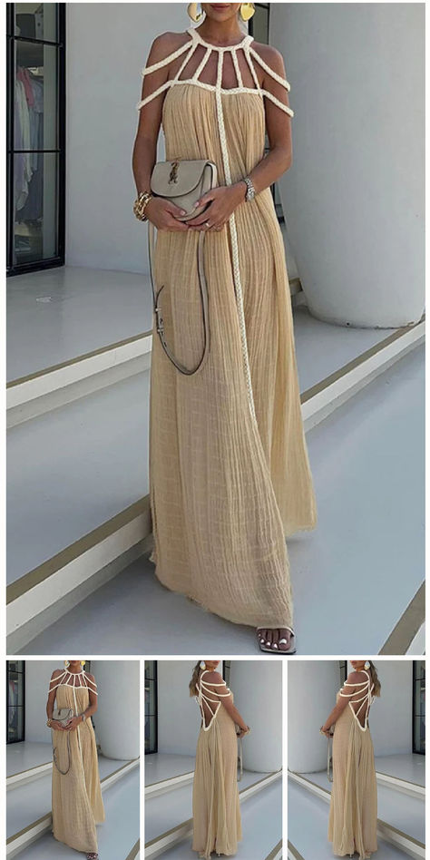 Sexy Solid Hollowed Out Halter Sleeveless Dress Dresses Dress Sleeve Length, Backless Maxi Dresses, Khaki Dress, Loose Outfit, Thanksgiving Outfit, Outfit Casual, Casual Look, Glamorous Evening Gowns, Flowing Maxi Dress