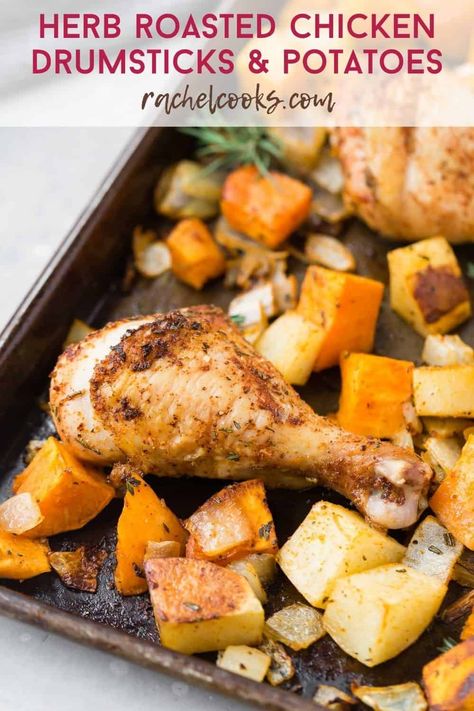 Chicken Drumsticks And Potatoes, Drumsticks And Potatoes, Roast Chicken Legs Recipe, Chicken Drumstick Recipes Oven, Drumstick Recipes Oven, Roast Chicken Drumsticks, Gf Dinners, Chicken Legs Recipe, Roasted Chicken Legs