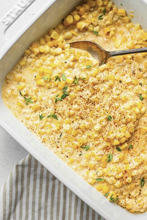 Parmesan Creamed Corn Recipe | So Much Food Cream Of Corn Recipe, Easy Vegetarian Sides, Bbq Side Dish Recipes, Creamed Corn Recipes, Creamy Parmesan Sauce, So Much Food, Thanksgiving 2024, Baked Corn, Sides Veggies