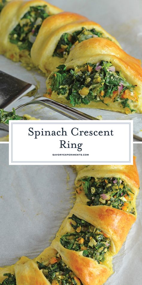 Spinach Crescent Ring is an easy brunch idea or appetizer recipe using spinach, bell pepper, onion, herbs and cheese. It is a hit at all of my parties! #crescentrollrecipes #appetizerideas #brunchrecipes www.savoryexperiments.com Easy Brunch Appetizers, Breakfast Crescent, Easy Crescent Roll Recipes, Gluten Free Brunch Recipes, Brunch Appetizers, Crescent Recipes, Trini Food, Mouthwatering Food, Crescent Ring