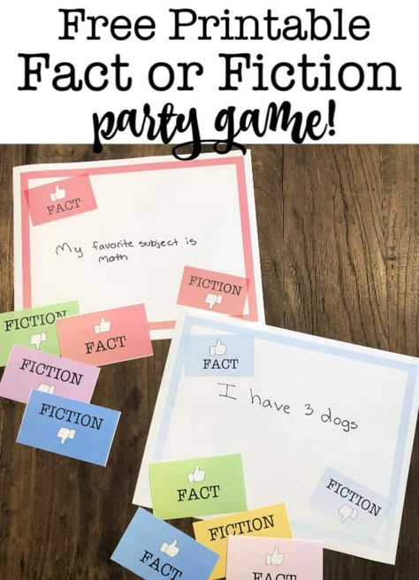 This fun and free printable Fact or Fiction game can be played at kids birthday parties where guests might know each other well, or it makes for a great icebreaker game for a youth group among kids who are just getting acquainted! Free Printable download! #FactOrFiction #PartyGame #KidsPartyGame #KidsBirthdayParties Fact Or Fiction Game Free Printable, Birthday Activities Ideas, Easy Kids Party Games, Kids Party Games Indoor, Slumber Party Crafts, Birthday Parties At Home, Birthday Activities Kids, Home Birthday Party Ideas, Kids Birthday Party Games