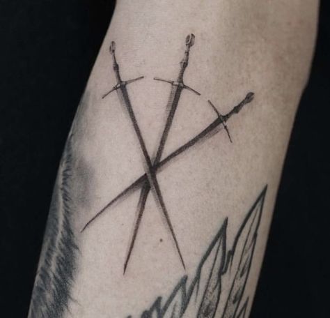 3 Swords Tattoo, Three Swords Tattoo, 3 Of Swords Tattoo, Symbolic Drawings, Patch Tattoos, 3 Of Swords, Dagger Tattoos, Swords Tattoo, Shin Tattoo