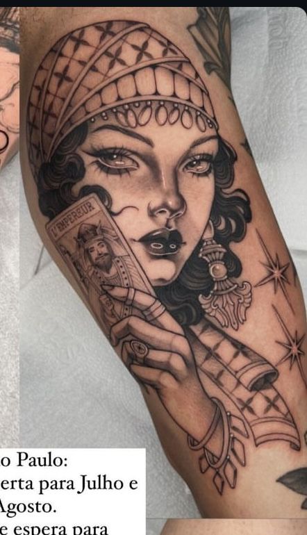 Fortune Teller Tattoo Sleeve, Romani Tattoo Design, Voodoo Priestess Tattoo, Romani Tattoo, Romani Tattoos, Romani Face Tattoo, Romani Girl Tattoo, Voodoo Priestess, Boho Tattoos