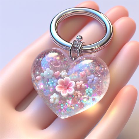 This adorable, heart-shaped resin art keychain sports a pastel palette & sparkling glitter. Tiny embedded flowers peek through its crystal clear finish. The silver ring gives a polished touch. Perfect for adding a dash of magical charm to your everyday life. #ResinArt #Keychain #TeenageFashion #PastelAccessories #GlitterArt #FloralDesign Pink Resin Keychain, Resinart Keychain, Resin Keychain Ideas, Resin Art Keychain, Resin Art Pendant, Diy Galaxy Jar, Baby Doll Furniture, Art Keychain, Colorful Keychain