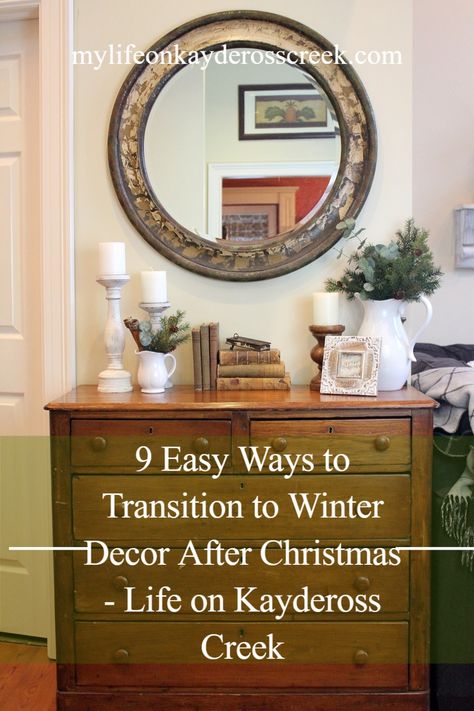 Easy ways to transfer from Christmas to winter decor with texture and neutrals. #winterdecor #howtodecorateforwinter Winter decorating ideas Christmas To Winter Decor Transition, Winter Decor After Christmas, Front Table, Decor After Christmas, Old Tool Boxes, Farmhouse Winter Decor, Vintage Skis, Rustic Winter Decor, Winter Decorating Ideas