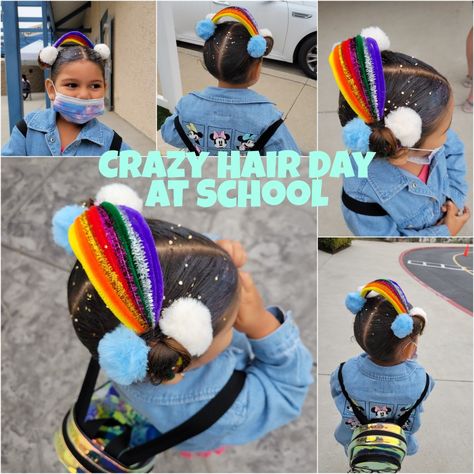 Crazy Hair Day Fine Hair, Crazy Hair Day Ideas For Natural Hair, Crazy Hair Day Pom Poms, Pink Crazy Hair Day At School, Crazy Hair Day Rainbow And Clouds, Rainbow Hair Crazy Hair Day, Rainbow Crazy Hair Day At School, Crazy Hair Day Preschool, Rainbow Day At School Outfit