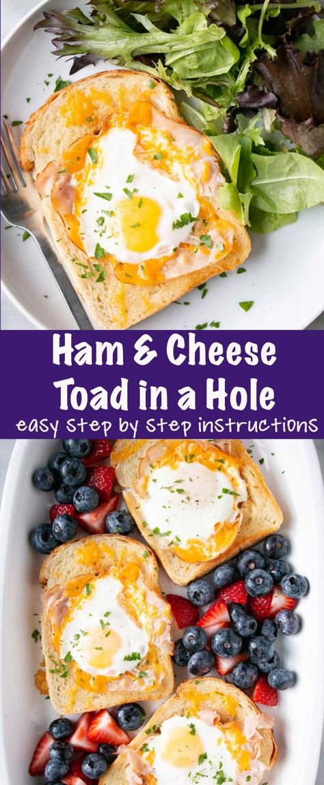 Classic Toad in a Hole got a crispy ham and melty cheese upgrade! This scrumptious and easy egg recipe is perfect for an everyday affordable meal. Easy Egg Recipe, Egg In The Hole, Toad In A Hole, Healthy Frittata, Egg In A Hole, Heavenly Recipes, Easy Egg Recipes, Eggs Breakfast, Egg Recipe