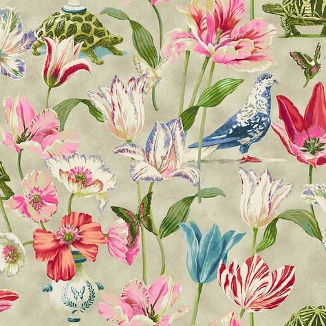 "Find the Harrison Howard Enchanted Garden Peel & Stick Wallpaper at Michaels. com. Harrison Howard's Enchanted Garden is a fanciful floral with bright and unexpected combinations of flora and fauna. Butterflies flutter with frivolous mirth while tortoises balance flowered vases atop their spotted shells. Harrison Howard's Enchanted Garden is a fanciful floral with bright and unexpected combinations of flora and fauna. Butterflies flutter with frivolous mirth while tortoises balance flowered vas Harrison Howard, Go Wallpaper, Drops Patterns, Diy Wallpaper, Wallpaper Pattern, Enchanted Garden, Wallpaper Calculator, Flower Stands, Flora And Fauna