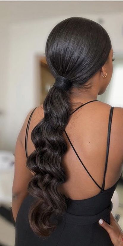 Slick Back Ponytail Wedding Guest, Slick Back Low Ponytail Prom, Sleek Bridesmaid Ponytail, Black Bride Ponytail Hairstyles, Low Slicked Ponytail, Slick Back Prom Hair Sleek Ponytail, Slick Ponytail Prom, Low Ponytail Hairstyles For Black Women Natural Hair, Prom Hairstyles Low Ponytail