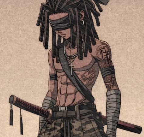 Black Samurai Drawing, Black Samurai With Dreads, Spiderman With Dreads, Drippy Anime Characters, Dreadlock Character Design, Dreads Art Reference, Black Cyberpunk Character Art, Black Anime Hairstyles, Boondocks Art Style