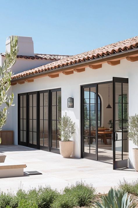 Modern spanish villa courtyard French doors. Check out all of these hacienda houses that blend rustic charm with modern comfort. Modern Spanish Farmhouse Exterior, Spanish Style Covered Patio, Modern Spanish Colonial Exterior, House Mediterranean Modern, French House Architecture, Modern Vineyard House, French Door To Backyard, Spanish Modern Villa, Modern Spanish Exterior Homes