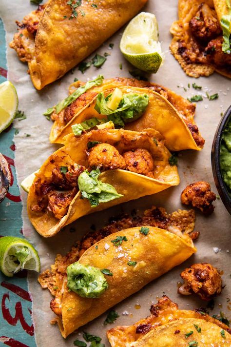 Crispy Cauliflower Tinga Tacos with Honey Lime Avocado Crema | halfbakedharvest.com Cauliflower Tinga, Tinga Tacos, Crispy Cauliflower, Half Baked Harvest Recipes, Crispy Tacos, Cauliflower Tacos, Homemade Crunchwrap Supreme, Avocado Crema, Harvest Recipes