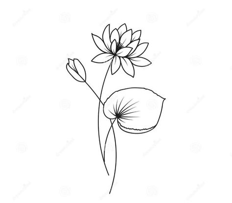 Water Lily Minimalist Tattoo, Lotus Flower Lilly Pad Tattoo, Water Lily Outline Tattoo, Water Lily With Stem Tattoo, Water Lily Small Tattoo, Waterlily Drawing Tattoos, Waterlily Drawing Simple, Easy Water Lily Drawing, Tattoo Ideas Water Lily