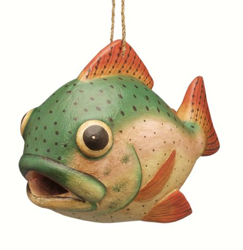 Fishermen are sure to agree that the Trout Shaped Birdhouse is quite the catch! This hand painted birdhouse looks like a real trout. Birds fly in the mouth. Painted Birdhouses, Purple Martin House, Hand Painted Birdhouses, Wood Birdhouses, Black Forest Decor, Wooden Bird Houses, Gourds Birdhouse, Bird Houses Painted, Wood Bird