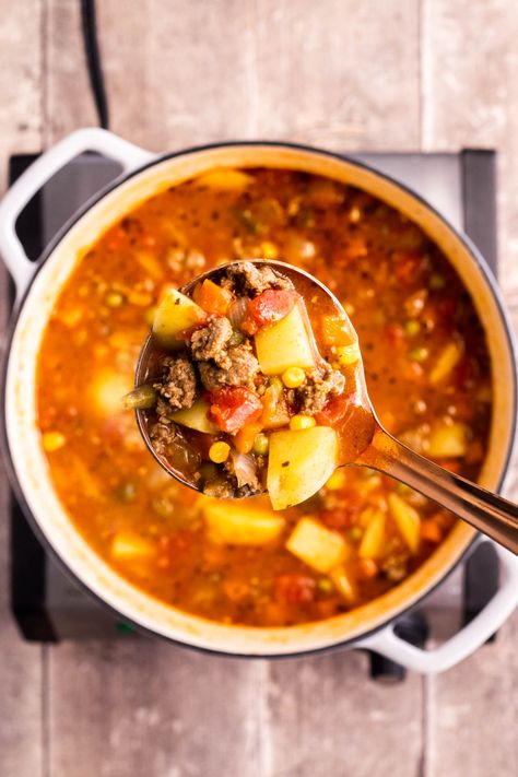 This Venison Vegetable Soup is a warm and hearty traditional vegetable soup recipe make with ground venison. It's a classic staple to have on hand during soup season. Ground Venison Soups, Venison Potato Soup, Deer Soup Recipes, Ground Venison Soup Recipes, Ground Venison Soup, Ground Venison Stew, Venison Soup Recipes, Venison Vegetable Soup, Ground Venison Chili