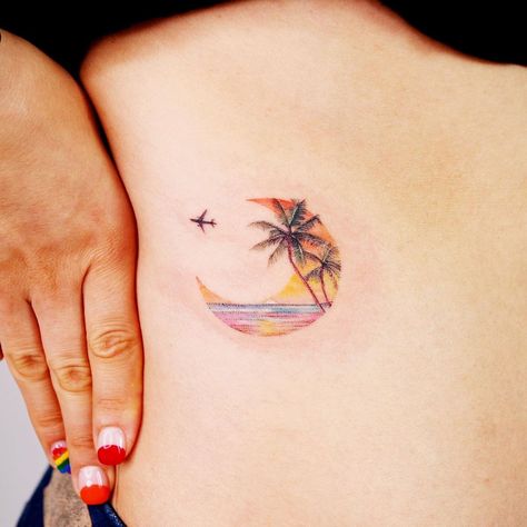 Beach Inspired Tattoos, Small Beach Tattoos, Beach Tattoos, Tropical Tattoo, Travel Tattoo Small, Florida Tattoos, Airplane Tattoos, Sunset Tattoos, Palm Tattoos