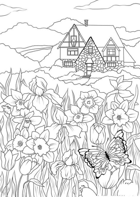 Dibujos de Paisajes para colorear para Adultos - 60 imágenes gratis Landscape Coloring Pages, Super Mario Coloring Pages, Mario Coloring Pages, House Colouring Pages, Bunny Coloring Pages, Love Coloring Pages, Coloring Pages Free Printable, Flowers Butterfly, Coloring Pages For Girls